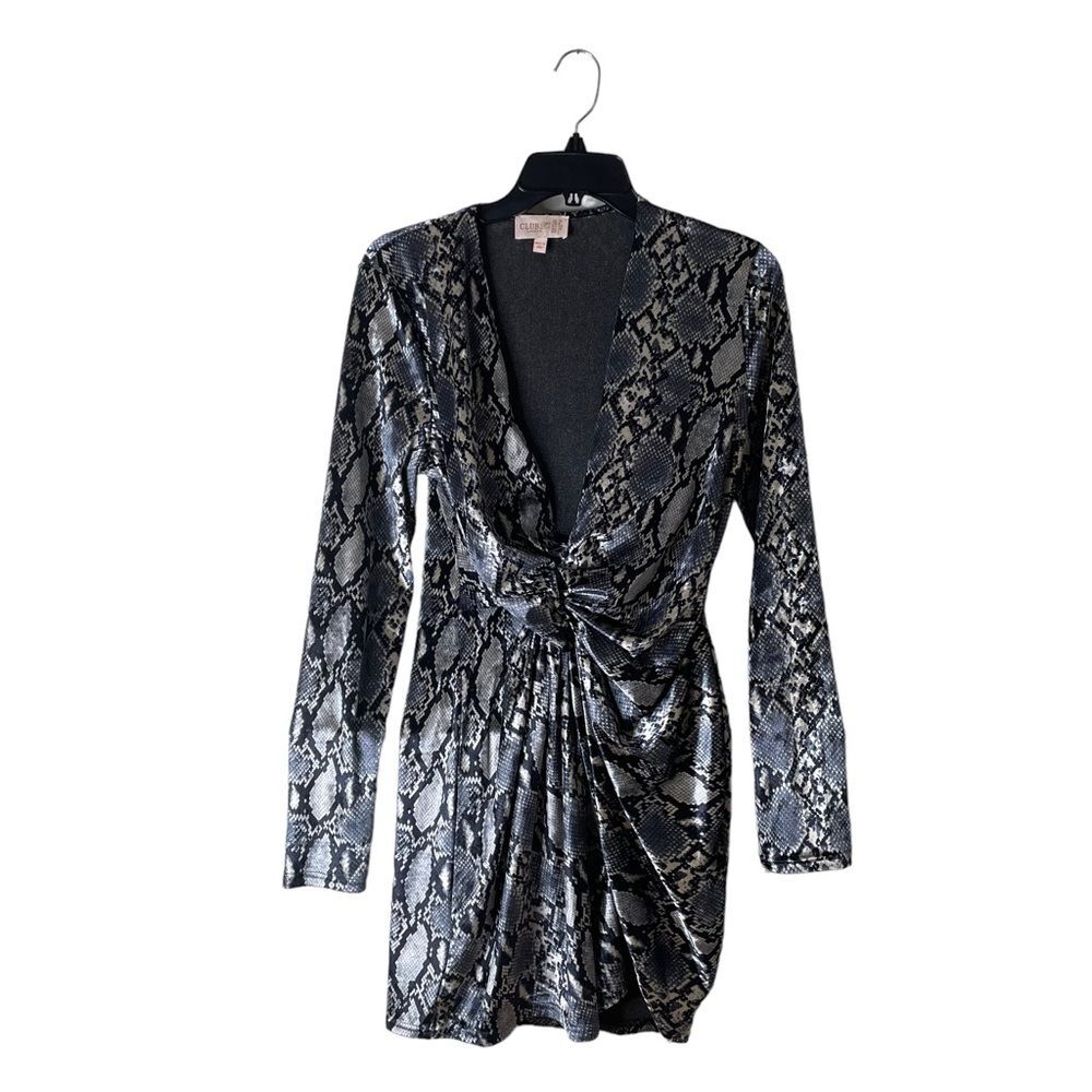 Club L London Snake Velvet Twist Front Dress Size 8 Black Bodycon Party Midi